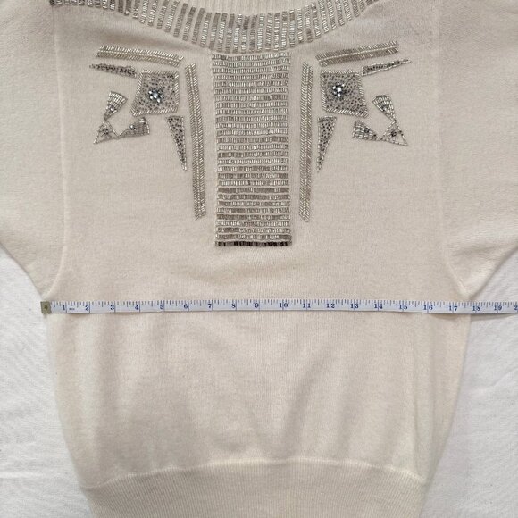 Vintage 80s Anne Klein Cream Lambswool Angora Beaded Batwing Sweater Size Medium - Picture 11 of 13